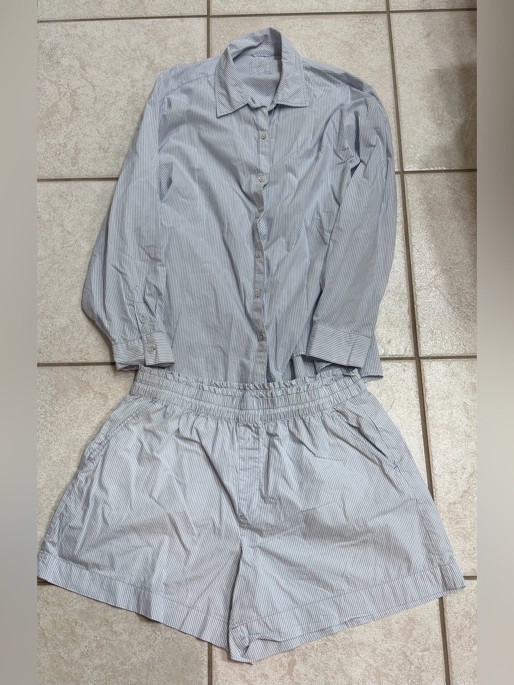 aerie Light Blue Pinstripe Pajama Shirt & Elastic-Waist Shorts Set